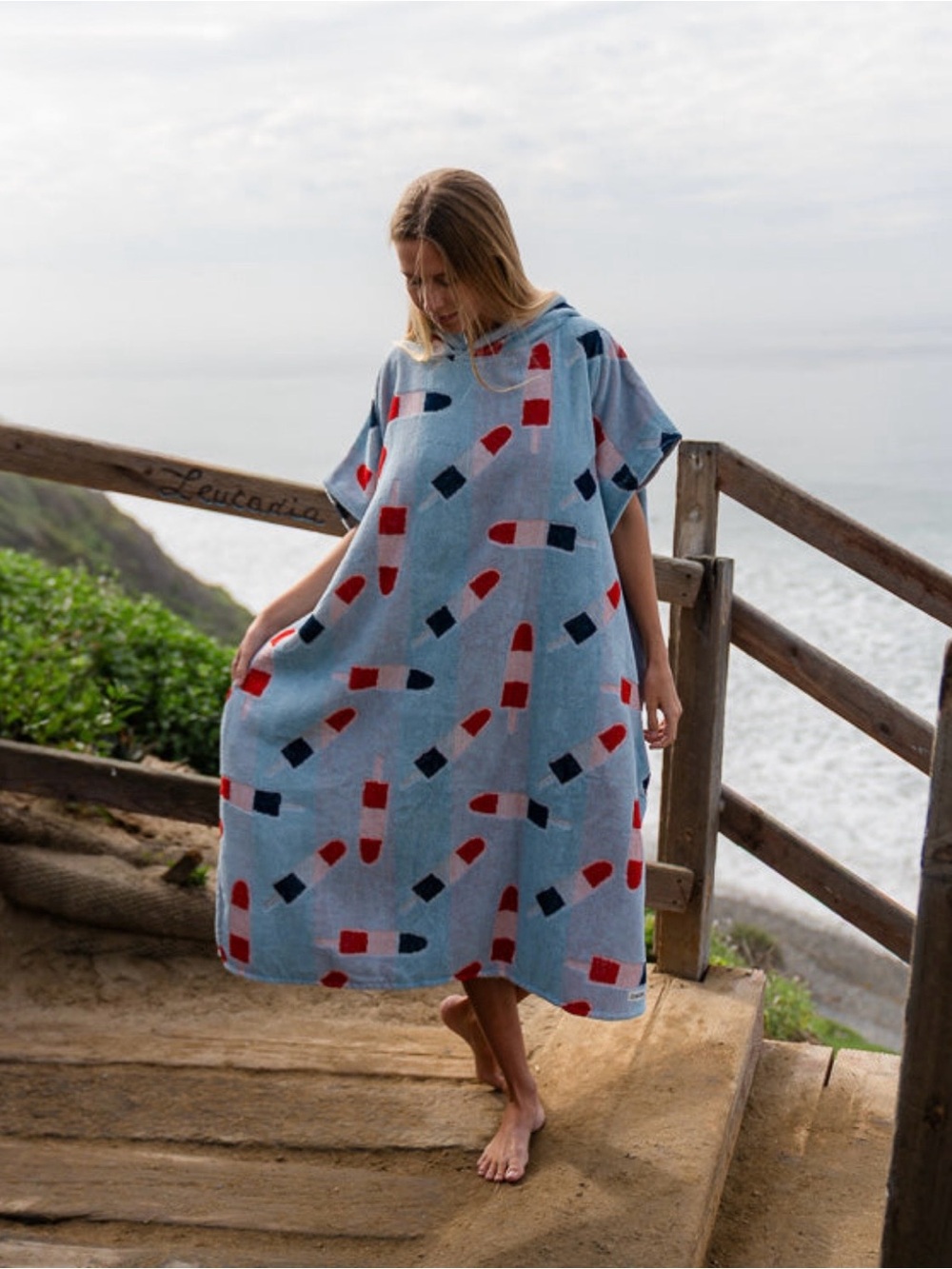 Sand Cloud Popsicle Hooded Poncho Organic Cotton Beach Cover Up Blue & Red